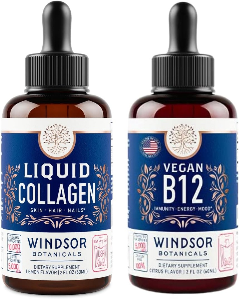 WINDSOR BOTANICALS Witamina B12 Kolagen płynny i płynny z biotyną - Energy and Wellness Bundle
