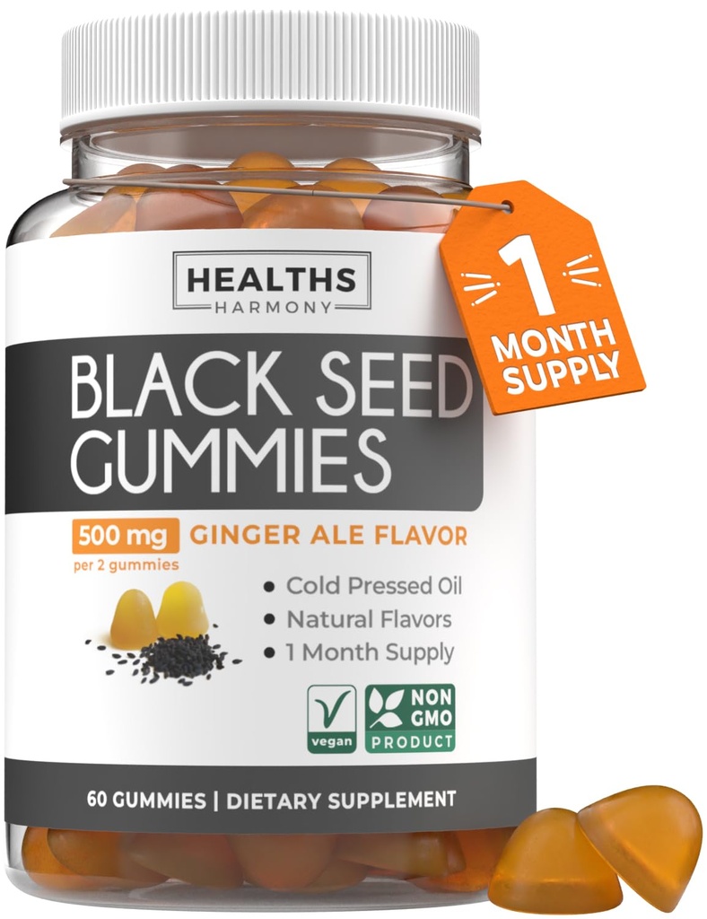 Czarne Gumiaki Nasienie - Naturalny Ginger Ale Flavor (Non-GMO & Vegan) Cold- Pressed Nigella Sativa Producing Pure Black Cumin Seed Oil - 500mg Per 2 Gummy Serving