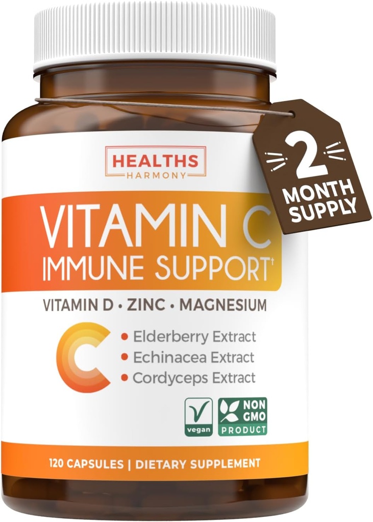 Suplement do wsparcia immunologicznego witaminy C - mieszanka immunologiczna z witaminą C i cynkiem z Elderberry dla Daily & Sezononal Support - Magnezu Cynk VIT C & D i Herbal Defense Complex (2 miesiące dostaw)