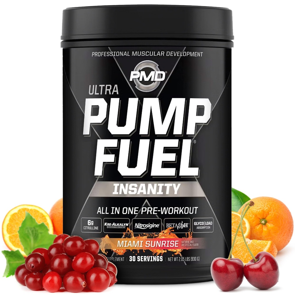PMD Sports Pump Fuel Ultra Insanity - Premium Pre Workout Powder & Pompa mięśniowa, Greater Focus, Endurance & Recovery, Premium Creatine, Arginine & Beta Alanine - Miami Sunrise (30 Służenie)