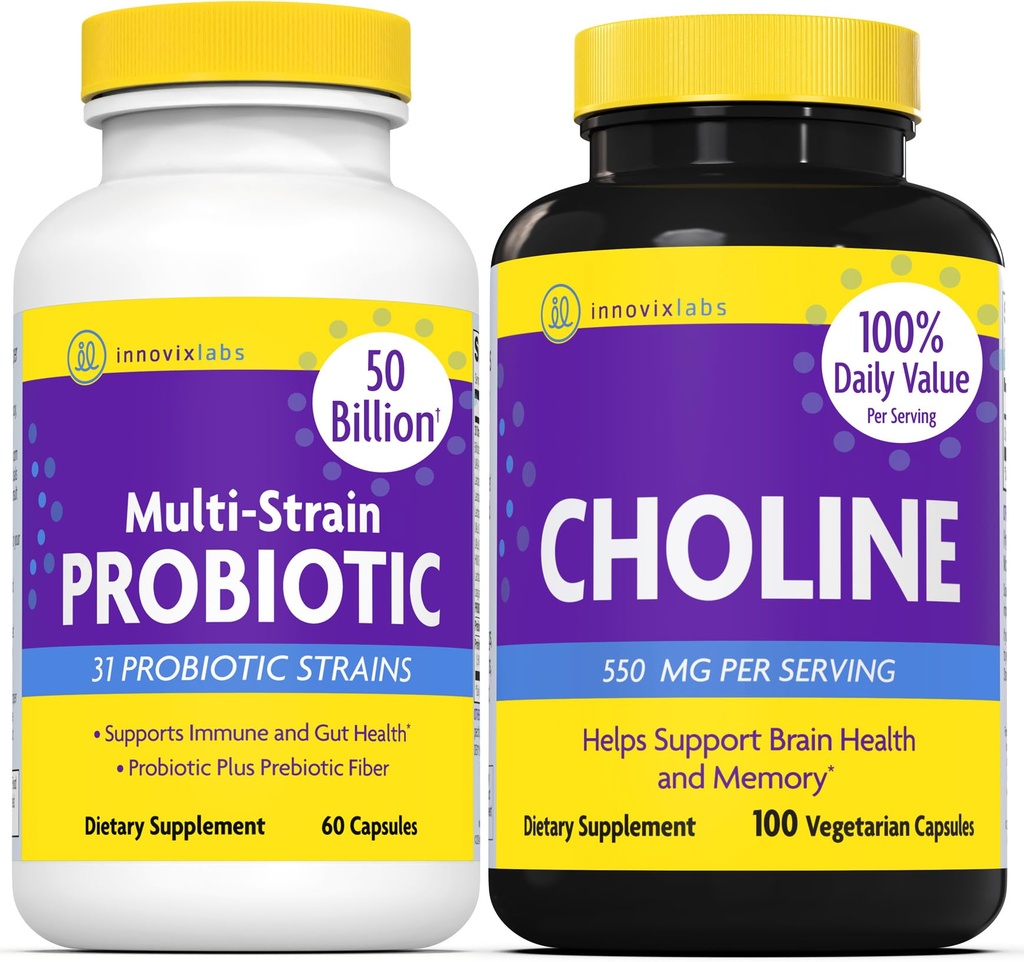 InnovixLabs Choline & Multi Probiotic Bundle Choline Bitartrate 550mg (100 kapsułek) Multi Strain Probiotics (60 kapsułek). Wspomaga pamięć, nastroje, zdrowie mózgu i pobudza kreatywność. *