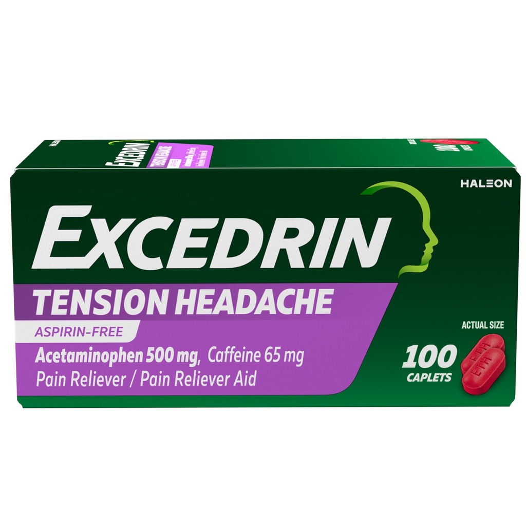 Excedrin Tension Headache Relief Caplets, Acetaminophen 500mg, Caffeine 65mg, Pain Reliever, Aspirin-Free, 100 Count