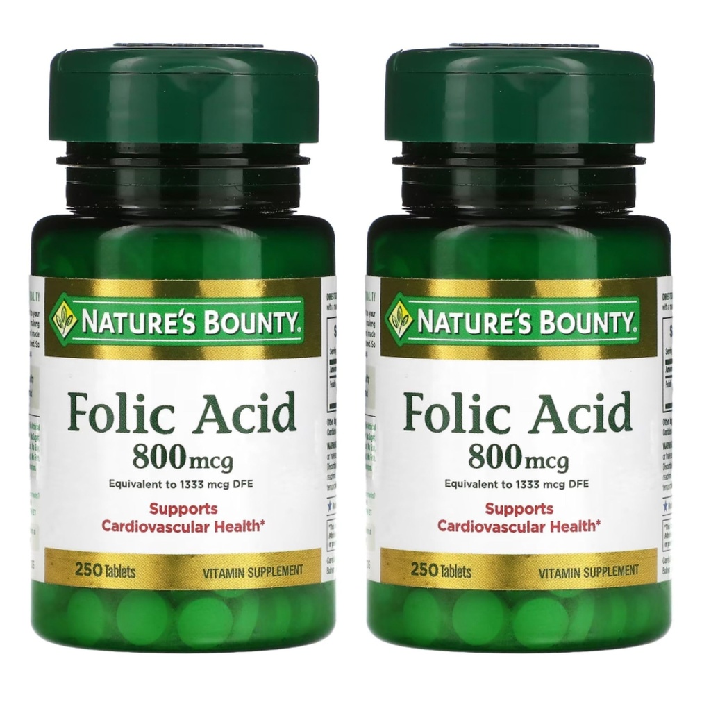 Nature 's Bounty Folic Acid 800 µg Suplement witaminy Maksymalna moc - 250 tabletek, Opakowanie po 2
