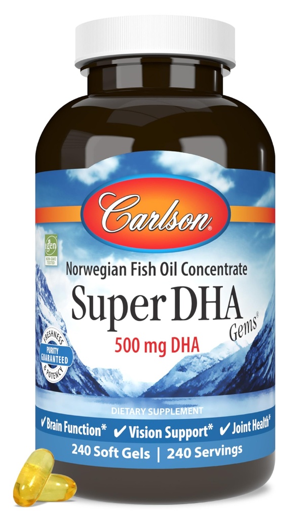 Carlson Super DHA Gems - 500 mg Suplementy DHA, 640 mg Kwasy tłuszczowe, norweski koncentrat oleju rybnego, Wild- Caught, zrównoważone sourced oleju rybnego kapsułki, 240 Softgels