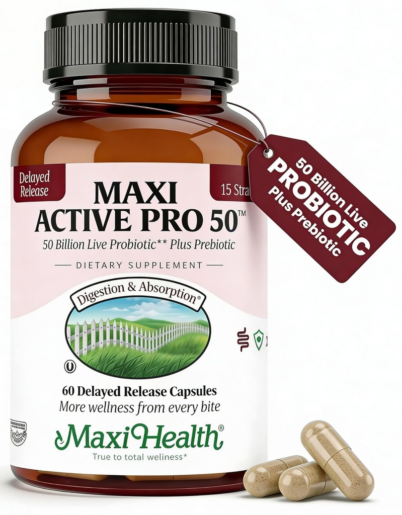 Maxi Health Probiotic Plus Ultimate Prebiotic Advanced Live Probiotics Formula - 50 Miliard Live Active Probiotic - 15 Strains - Ultra Protection - Active Pro- 50- 60 Count