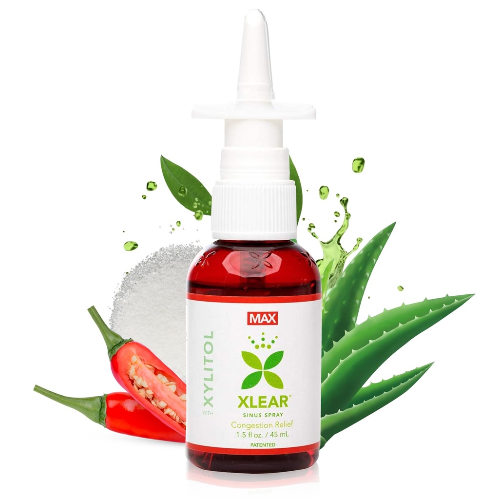 XLAY MAX Natural Xylitol Saline Nasal Spray z Capsicum i Aloe - Szybkie działanie na ciśnienie zatokowe, Decongestant, Ból głowy, Suchy nos, 1,5 fl oz (Opakowanie po 1)