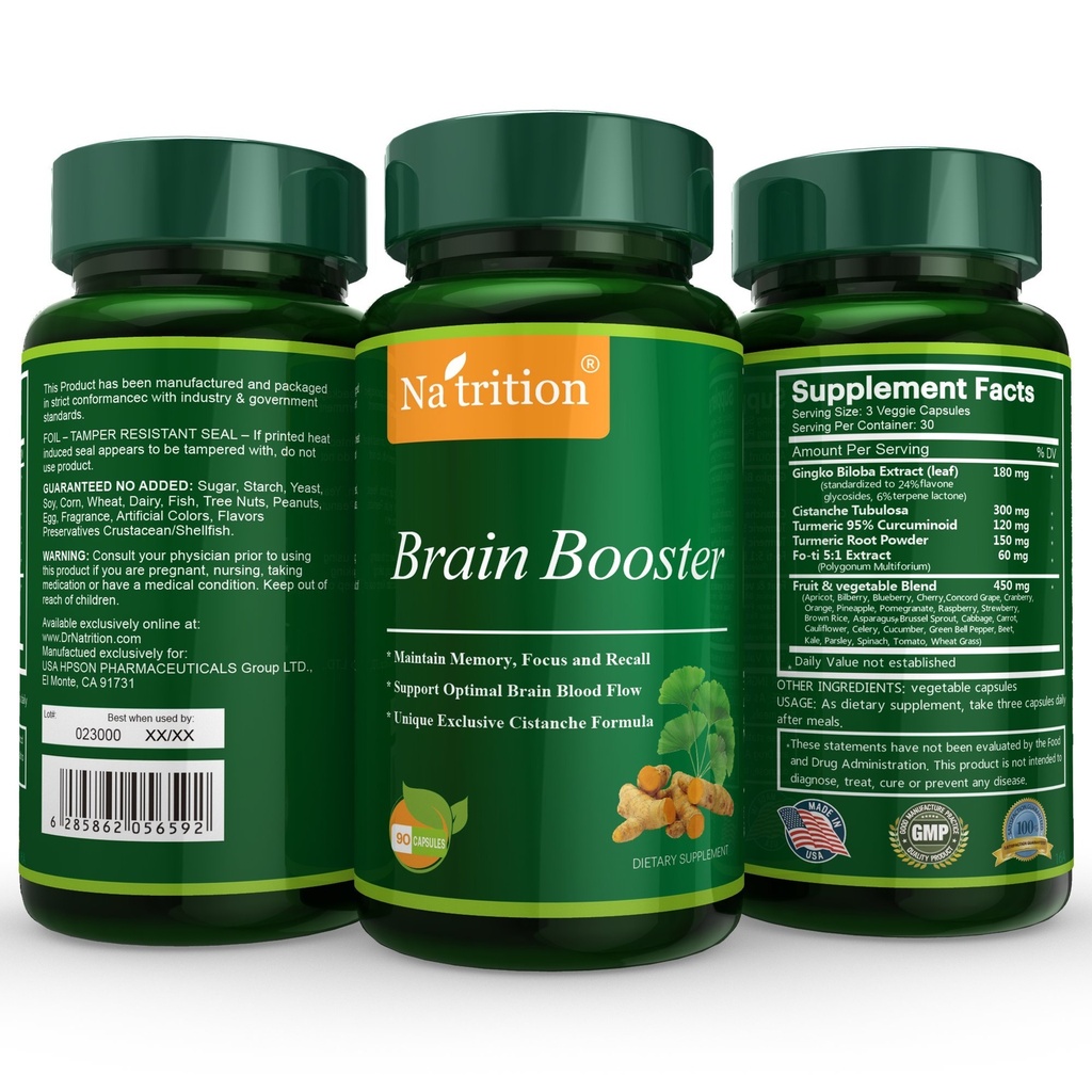 Natrition Brain Booster - Ginkgo Biloba, Turmeric, Cistanche Tubulosa, Fo- ti Extract Blend - Naturalne przeciwutleniacze dla funkcji mózgu - Klarowność, Focus and Memory Enhance - 90 Kapsułki Veggie
