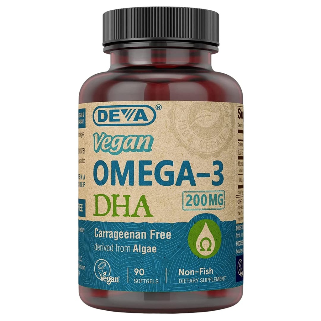 DEVA Vegan Omega-3 DHA Suplement, Once- Per- Day Softgel 200 MG, Carrageenan Free, Żelatyna Free, Non-Fish, Algae Oil, Omega-3 Kwasy tłuszczowe - 90 Softgels
