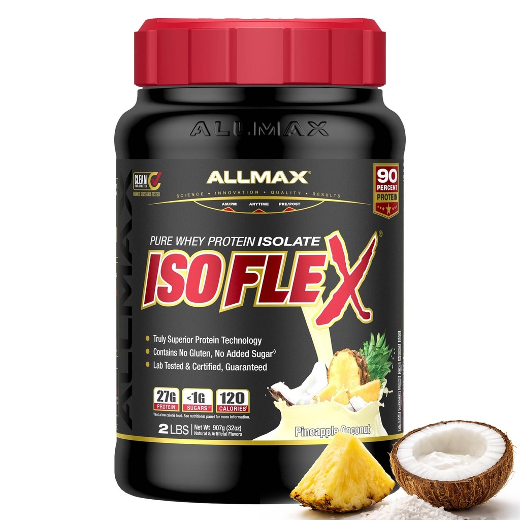 ALLMAX Nutrition ISOFLEX Izolat białka serwatki, Kokos ananasowy - 2 lb - 27 gramów białka na miarkę - Zero tłuszczu i cukru - 99% Laktoza wolna - Gluten wolny i sojowy - Przybliżone 30 Sług