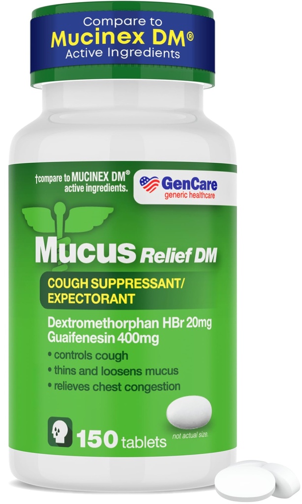 GenCare - Mucus Relief DM (150 Cont Value Bottle) Dextromethorphan HBr 20mg Guaifenesin 400mg British 124; Generic Mucus Relief DM Relief DM 124; Natychmiastowe uwolnienie niepowlekany kaszel & Mucus Expectorant Pill