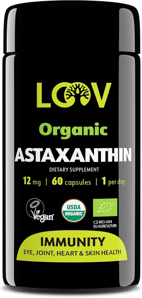 LooV Naturalna organiczna astaksantyna 12mg - 60- Day Supply - Max Siła Przeciwutleniacz - Oko, Joint, Skóra, Immunitet - z Mikroalg - Nie-GMO, Wegan, Zrównoważony
