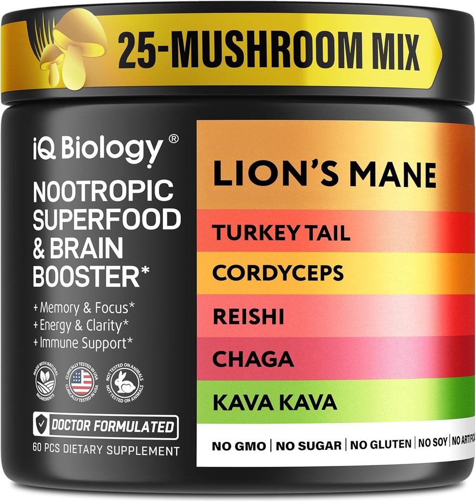 Kava Kava Root Cordyceps Lions Mane Reishi Mushroom Supplement, Nootropowe Mushrooms Capsules Kava Kava Kava Extract, Mushroom Vitamins for Women, Ashwagandha, Magnezu - 60 Caps (1 Pack)