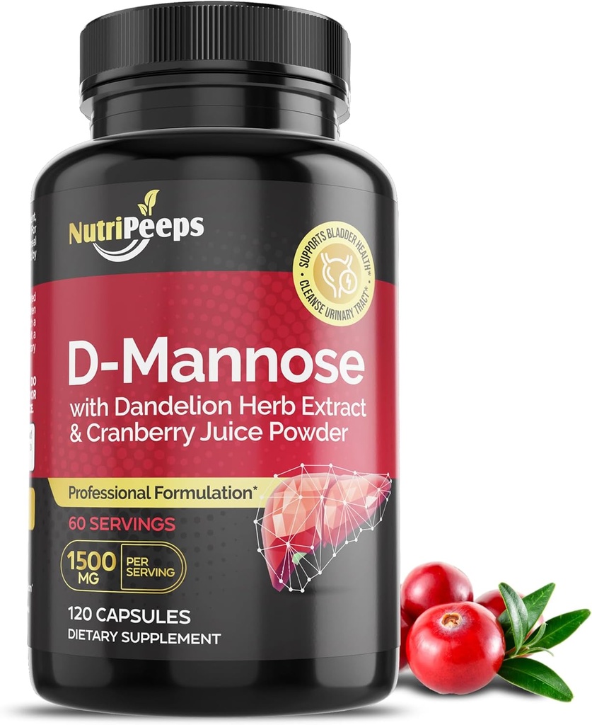 D- Mannose 1500mg, 120 Kapsułki z Dandelion Herb i ekstrakty żurawinowe, Natural Urnary Tract Cleanse for UTI Support, Flushing and Detoxing of Impurities, for Men and Women.