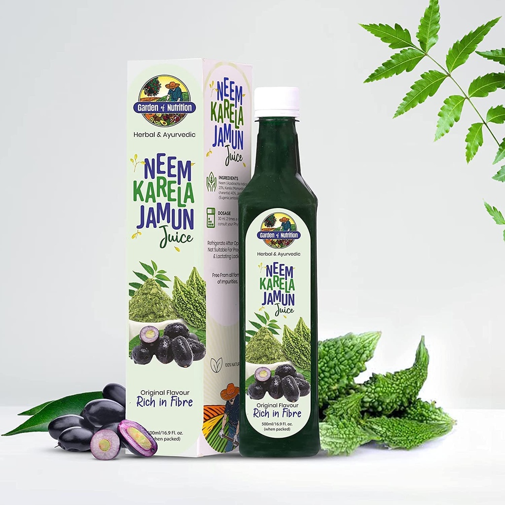 GARDEN OF NUTRITITION Herbal and Ayurvedic Neem Karela Jamun Juice Agregat 124; Oryginalny aromat Agregat 124; bogaty w fiber 124; 100% Czysty sok ziołowy (500 ml) Opakowanie 1