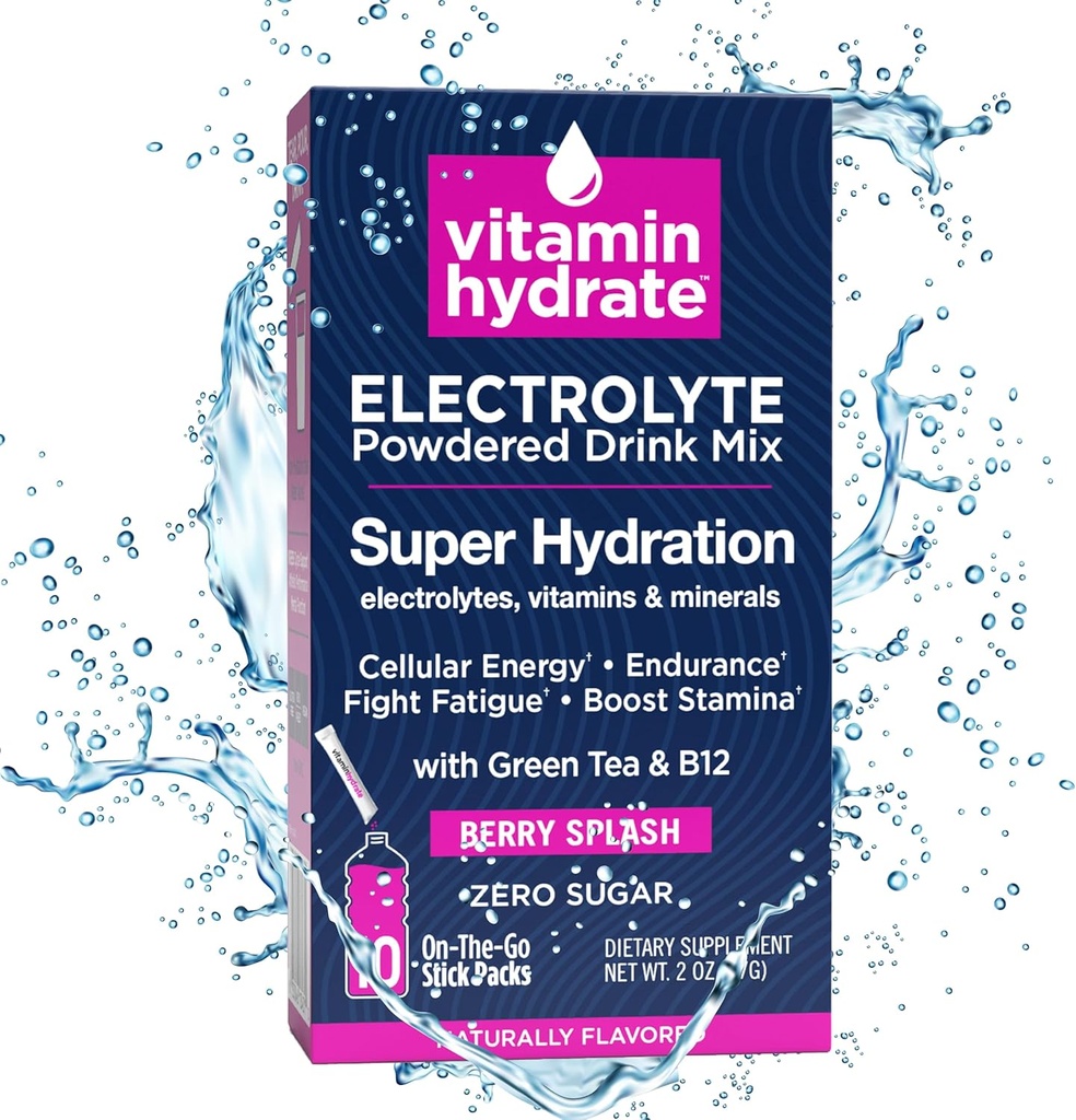 Witamina Hydrate Electrolyte proszkowany napój Mix, Super Hydration, Boost Stamina & Fights Zmęczenie, Bursting z elektrolitami, Witaminy i minerały, 0 Cukier, Berry Splash, 10 Pakiety stick