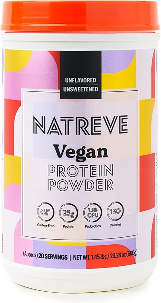 Proszek Natreve Vegan Protein - 25g Proszek białkowy na bazie roślin z probiotykami i aminokwasami - Gluten Free & Unflavored, 20 Servings