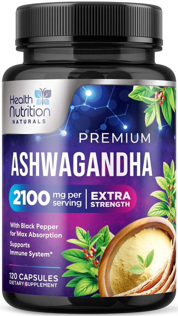 Ashwagandha Suplementy - 2100mg Ashwagandha Kapsułka dla Kobiet i Mężczyzn, Natural Antioksydant Support, Ashwa Root Extract, Extra Siła Calm Support z Black Pepper, Vegan & Gluten Free - 120 Kapsułki