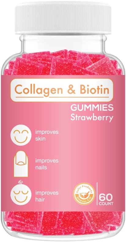 Kolagen Gummies Biotin - Wspiera włosy, skóry i paznokci wzrostu włosów anty starzenia opieki żucia Gummy Witaminy, Wegan, Non-GMO, Gluten Free, Gelatin Strawberry Flavor 60 Hrabia, Różowy