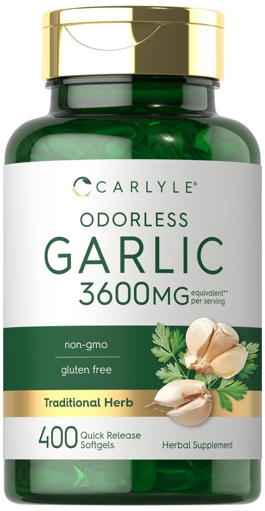 Carlyle Odorless Czosnek Softgels 3600 mg 124; 400 Hrabia 124; Allium Sativum Bulb 124; Nie GMO, Gluten suplement wolny