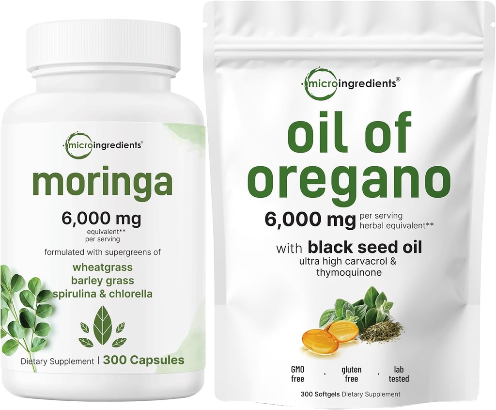Micro Ingredients Oil of Oregano Softgels 300 Count & Moringa Oleifera 6,000mg Equivalent 300 Capsules Bundle 2 Pack Agregable 124; Carvacrol & Thymoquinone Agregable 124; Suplement przeciwutleniający