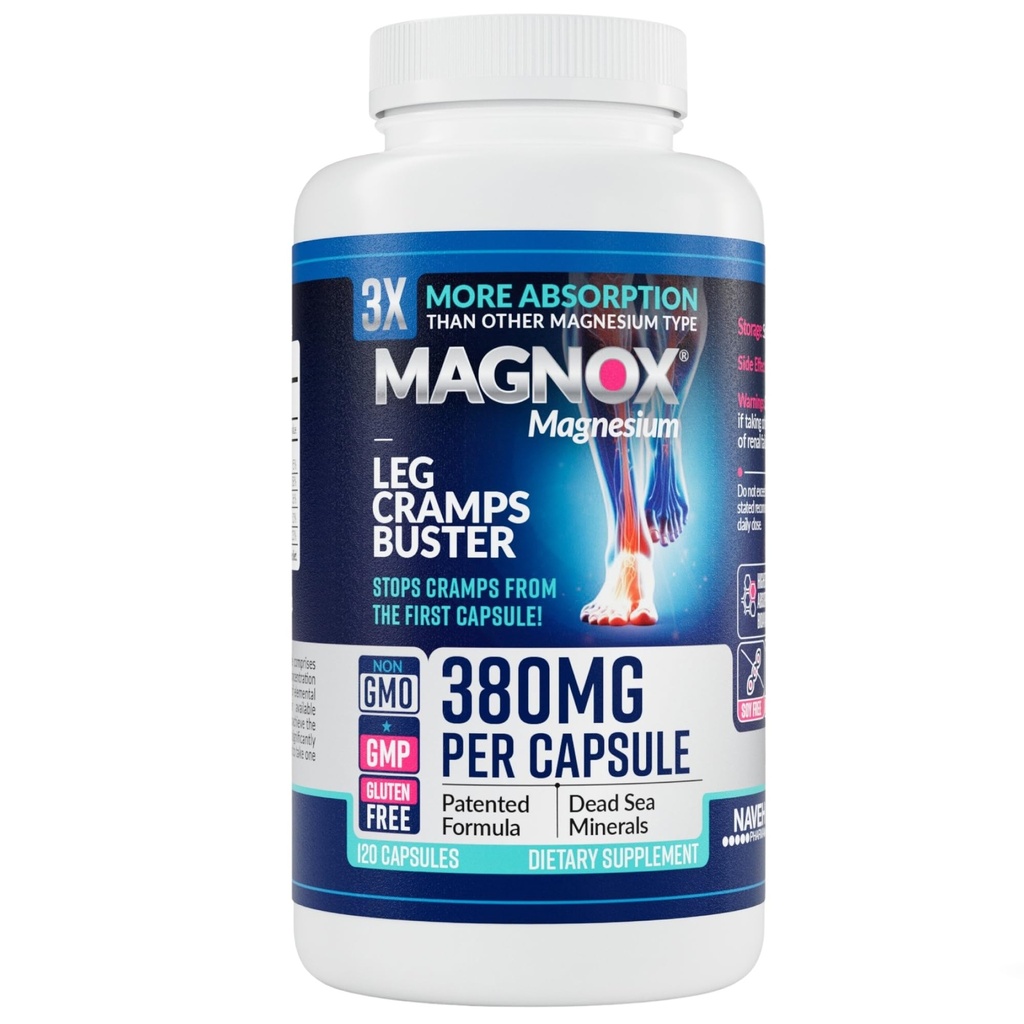 MAGNOX ® Skurcze nóg Bustera 124; 380mg Magnez do kurczu nóg w nocy 124; Suplement magnezu do skurczów mięśni 124; 3X Więcej Wchłanianie 124; Minerały z Morza Martwego 124; Sen & Mięśnie 124; 120 Czapki