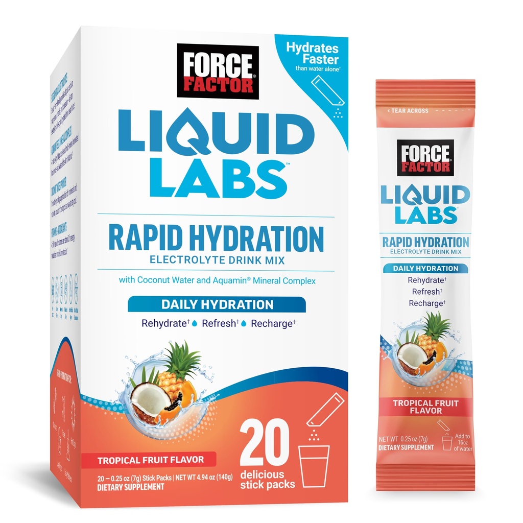Force FACTOR Liquid Labs Electrolytes Pakiety proszkowe - Tropikalne owoce - Pakiety nawadniające do produkcji wody elektrolitowej, z 5 Esencjalnych elektrolitów, Witaminy, Minerały i Antyutleniacze, 20 Pakiety kleju
