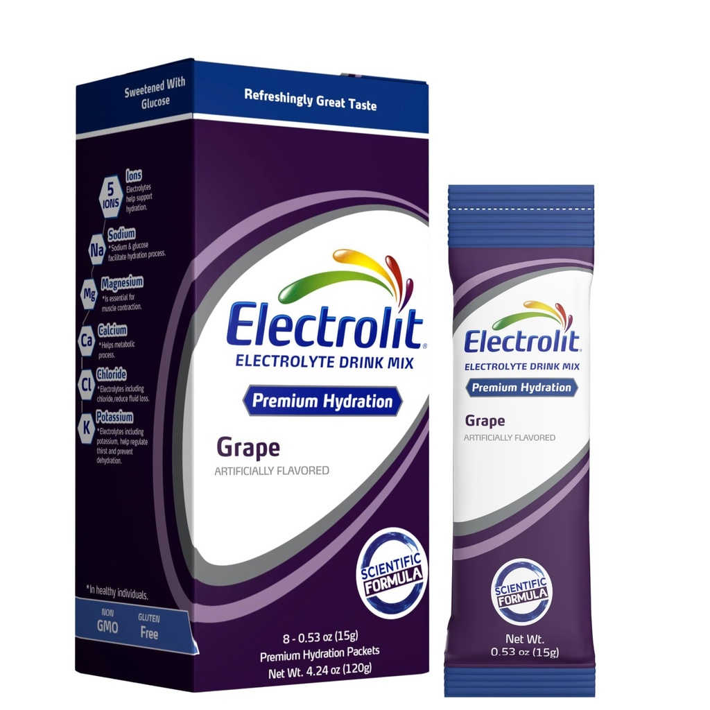 Pakiety proszkowe elektrolitów elektrolitów, Grape 8 Pack, Pudrowane pakiety nawadniające do odwadniania i nawadniania, Post Workout Flavored Drink Hydrating Mix, Gluten Free Daily Water Enhancer Sticks