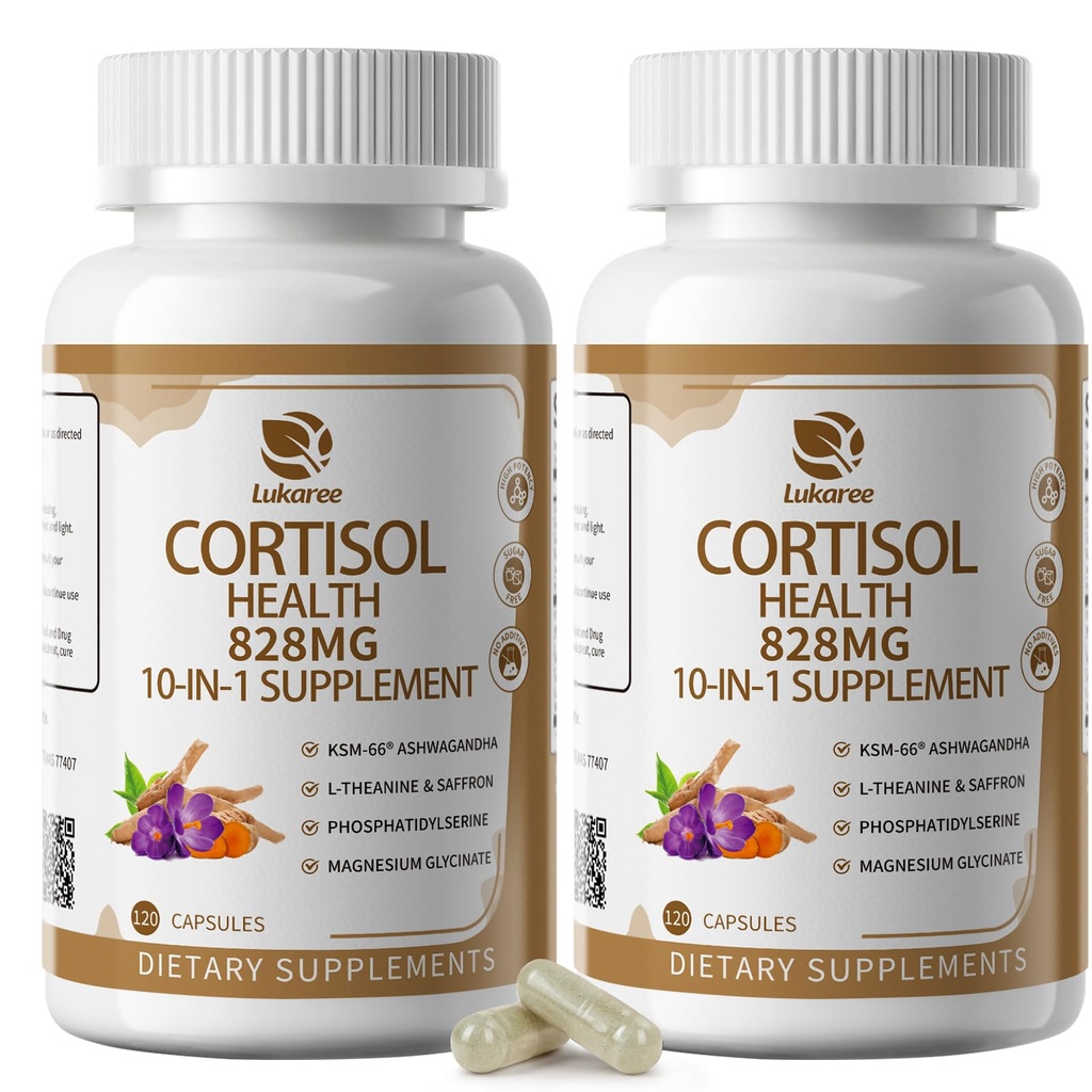 10- IN-1 Kortyzol Suplementy z Magnezu, Ashwagandha, Rumianek, L- Theanina, Fosfatydyloseryna, ziele dziurawca zwyczajnego, Astragalus, Witamina C & D3, Dla Kobiet, 240 Kapsułki wegańskie dla 4 Miesiąca, Non-GMO