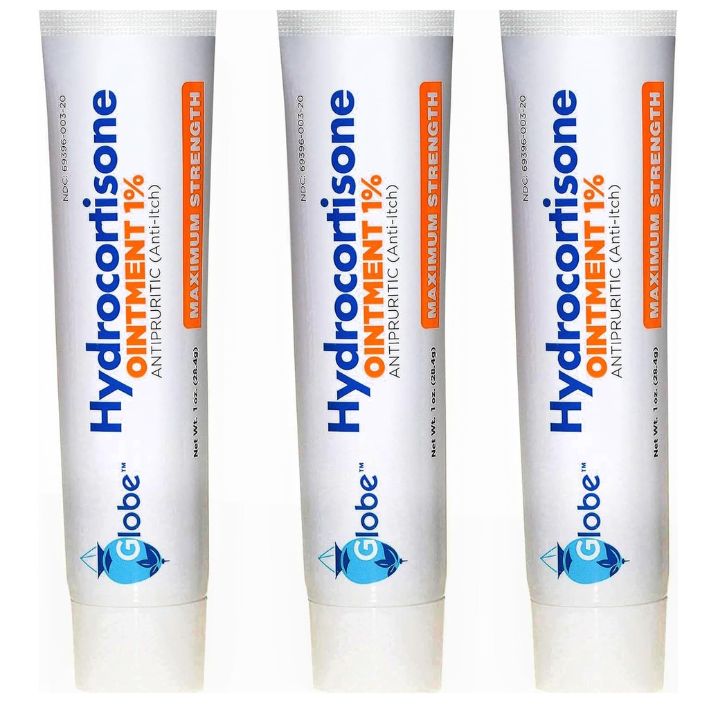 (3 Pack) Globe Hydrokortyzon Maximum Strength Transparent Maintment 1%, 1 oz, Anti- Itch Topical Ointment for Redness, Obrzęki, Swędzenie, Wysypka, Bug / Mosquito Bites, Eczema, hemoroidy & Więcej