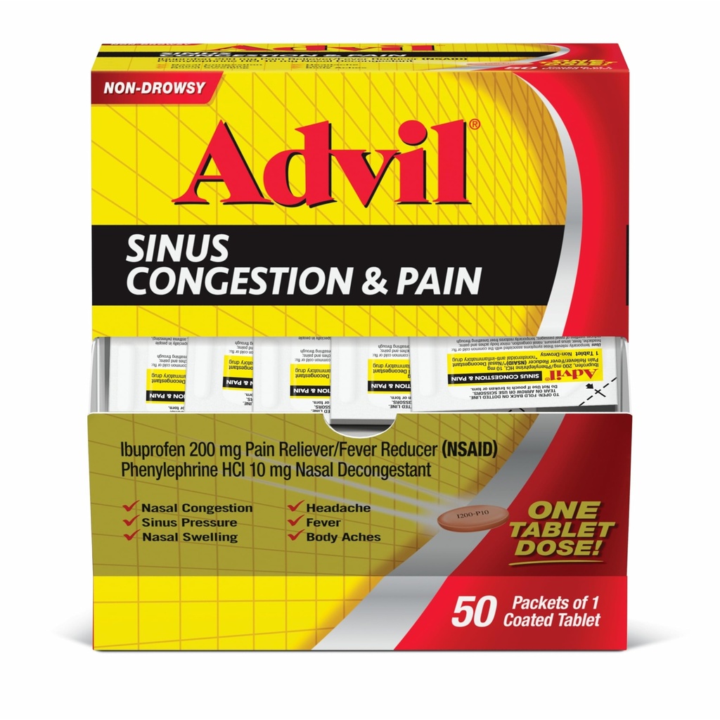 Advil Zatory zatokowe i ból, Medycyna reliefowa zatok, Reliever bólu i zmniejszenie gorączki z Ibuprofen i Fenylephrine HCl - 50 Tabletki powlekane