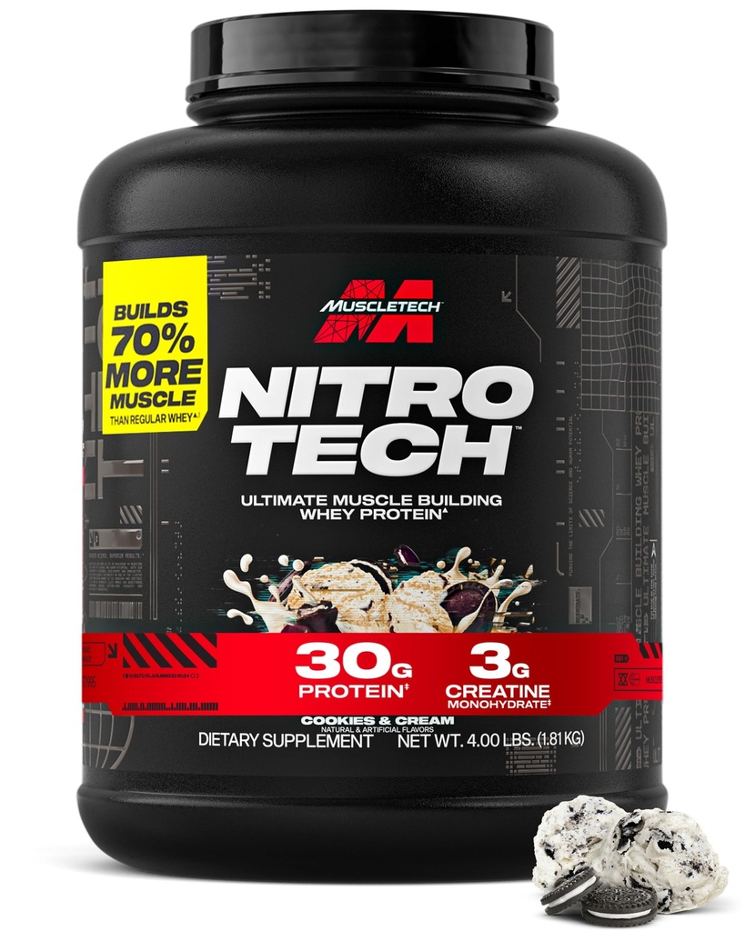 Muscletech Proszek z białka serwatki (Cookies & Cream, 4 Funt) - Nitrotech Ultimate Muscle Building Formula z izolatem białka serwatki - 30g białka, 3g kreatyny i 6.8g BCAA - Packaging May Vary