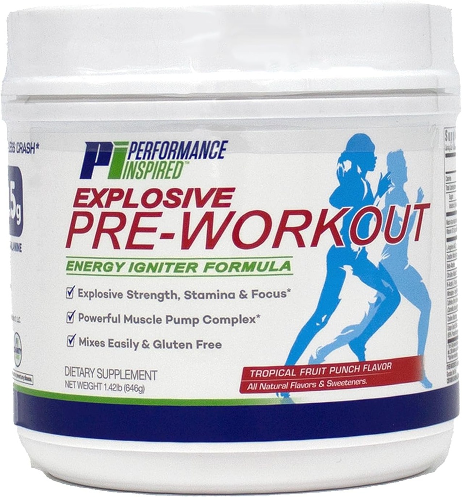 Performance Inspired Nutrition PreWorkout Powder - All Natural - G- Free & Vegan Formula - Zawiera Citroruline - Nitrosigine - Zielona herbata - Arginina - Beta Alanine - Tropical Fruit Punch - 32 Servings