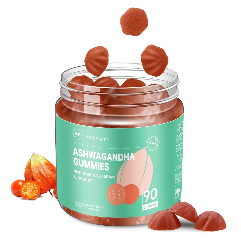 AFXMATE Gummies Ashwagandha dla kobiet bez cukru, suplement Ashwagandha Gummy z Magnezu Wegan (90 Liczby)