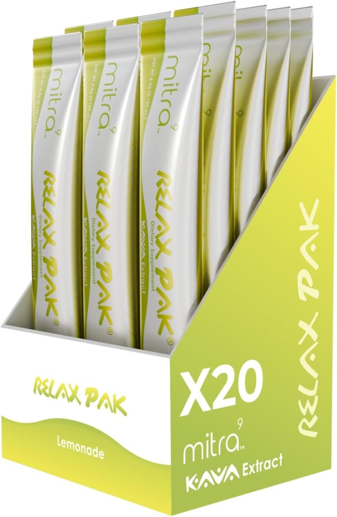 Mitra9 Kava proszek RelaxPak - Lemonade Kava ekstrakt w proszku Pakiety 124; Wzmocnienie nastroju 124; Roślina oparta 124; Promotes Natural Calm & Clarity 124; Easy Open Single- Serving Stick (20)