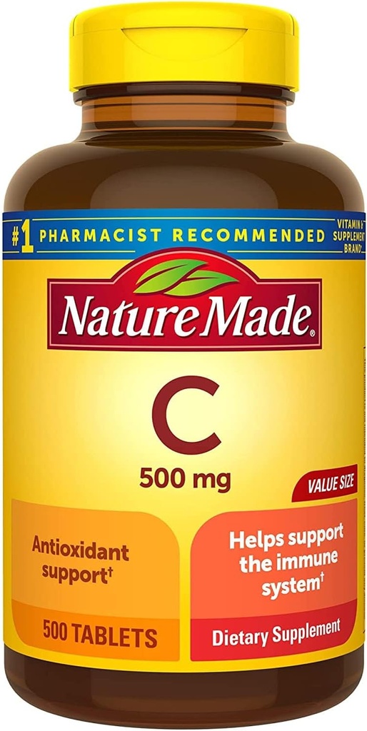 Nature Made Witamina C 500 mg tabletki, 500 Liczenie Rozmiar wartości, do wsparcia immunologicznego, Gluten Free (Opakowanie 3)
