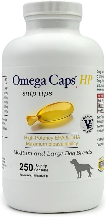 Omega Caps HP Snip Porady dla średnich i dużych psów o dużej mocy EPA i DHA Maksymalna biodostępność Suplement oleju do ryb Vet Spreparowane wykonane w USA Skin Coat Joint i Heart Health 250 Kapsułki