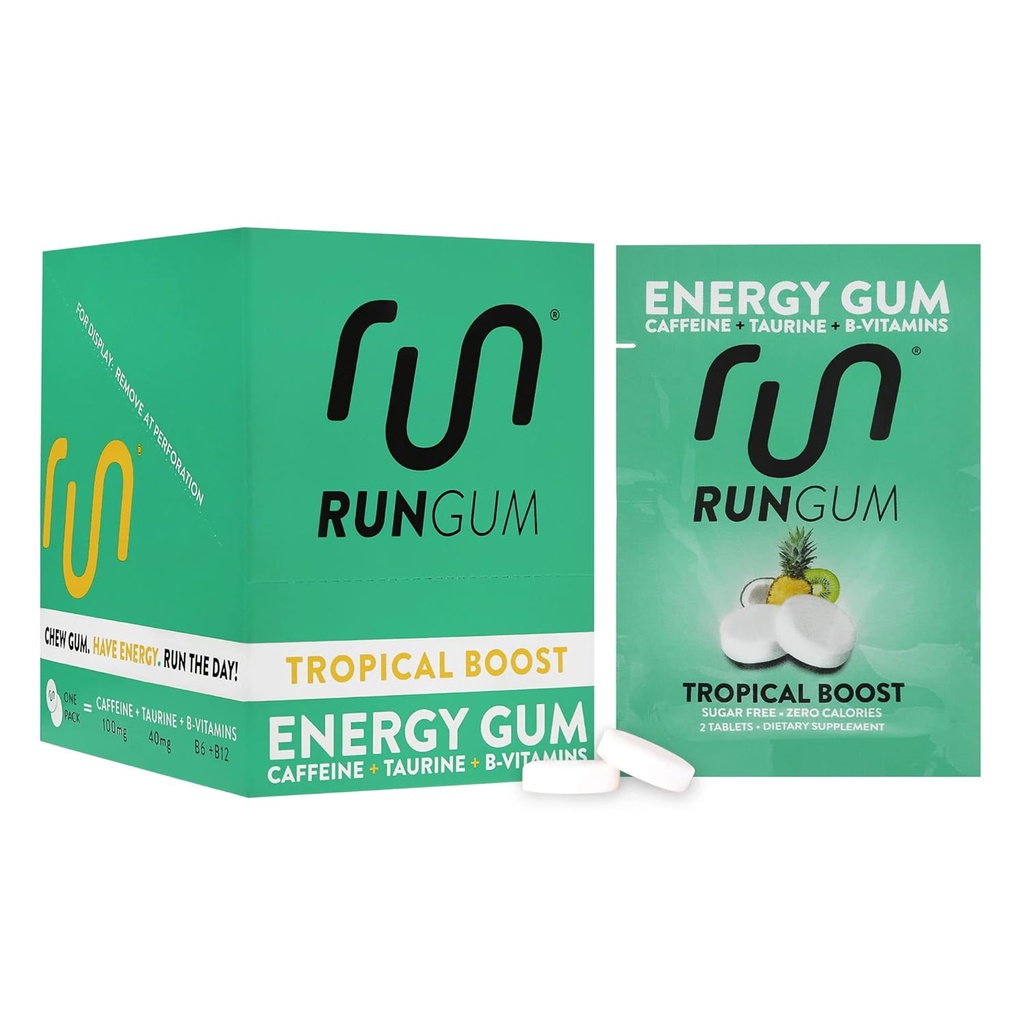 RUN GUM Tropical Boost Energy Żucie Gum 50mg Kofeina Tauryna & B- Witaminy na kawałek, 24 Kawałki (Opakowanie 12) Cukier wolny, Zero Calorie, Brak Aspartam, i Gluten wolny, 1 ea