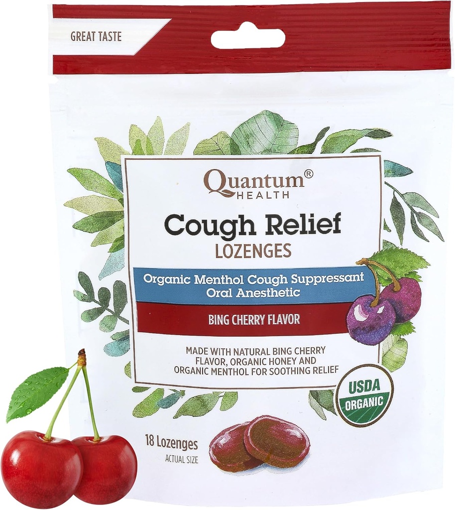 Quantum Health USDA Organic Cough Drops Menthol & Honey Throat Lozenges - Soothing Bing Cherry Flavored Suppressant - Suche usta i ból gardła Ulga dla dorosłych i dzieci - 18 Count