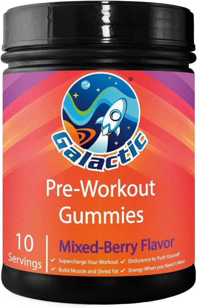Galaktyczne gumki przedtreningowe, wszystkie naturalne, 250 mg kofeiny, Beta- alanina, L -cytrulina, L - Theanina, pikolinian chromu, 10 Służenia