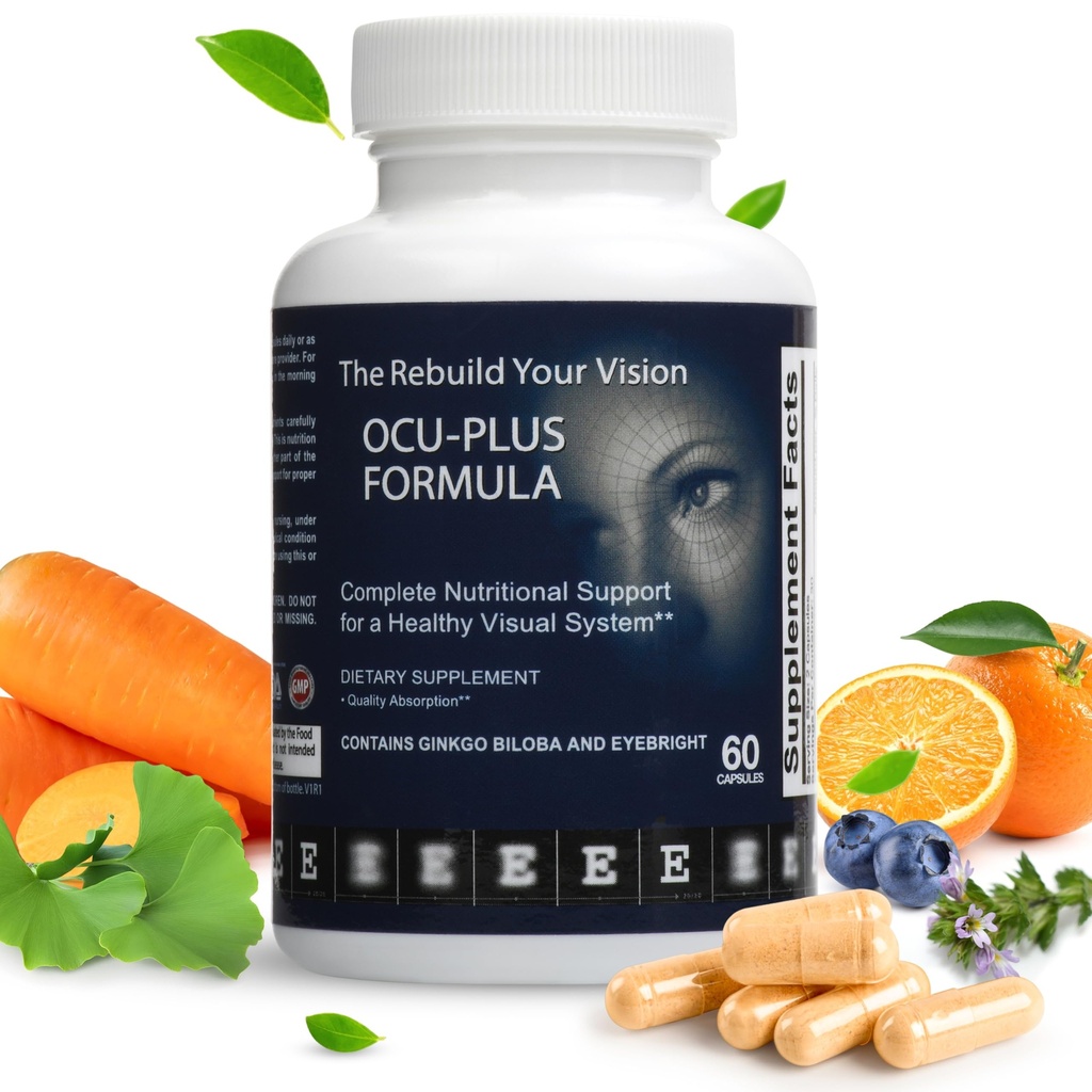 Formuła Ocu- Plus - Suplement do oczu z luteiną i zeaksantyną - Wspiera klarowność wizualną, Wizję nocną i zdrowie plamki żółtej - z Bilberry, Ginkgo Biloba & NAC - 60 Kapsułek