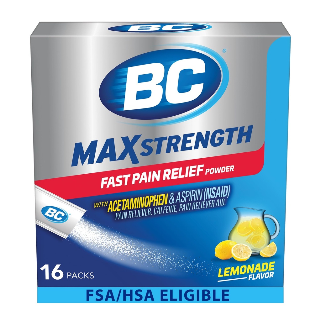 Siła BC MAX Szybki ból Relief Proszek, Lemoniada Flavor Aspiryna 500mg i Acetaminofen 500mg Rozpuścić opakowania, 16 Count