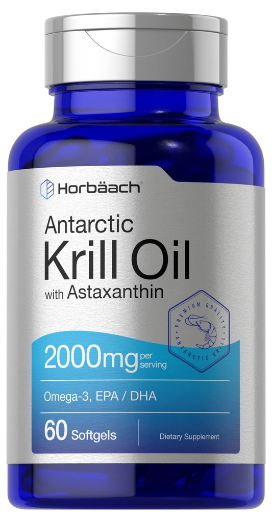 Horbäach Antarctic Krill Oil 2000mg XI124; 60 Softgel Capsules XI124; Omega-3, EPA, DHA Supplement XI124; z Astaxanthina XI124; Non-GMO, Gluten Free
