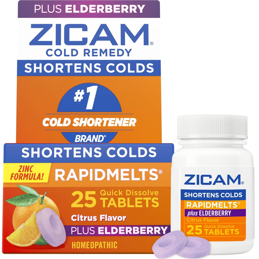Zicam Cold Remedy Cynk RapidMelts, Elderberry Citrus Flavor, Homeopatyczne, Cold Shorting Medicine, Skróty zimnego czasu trwania, 25 Count