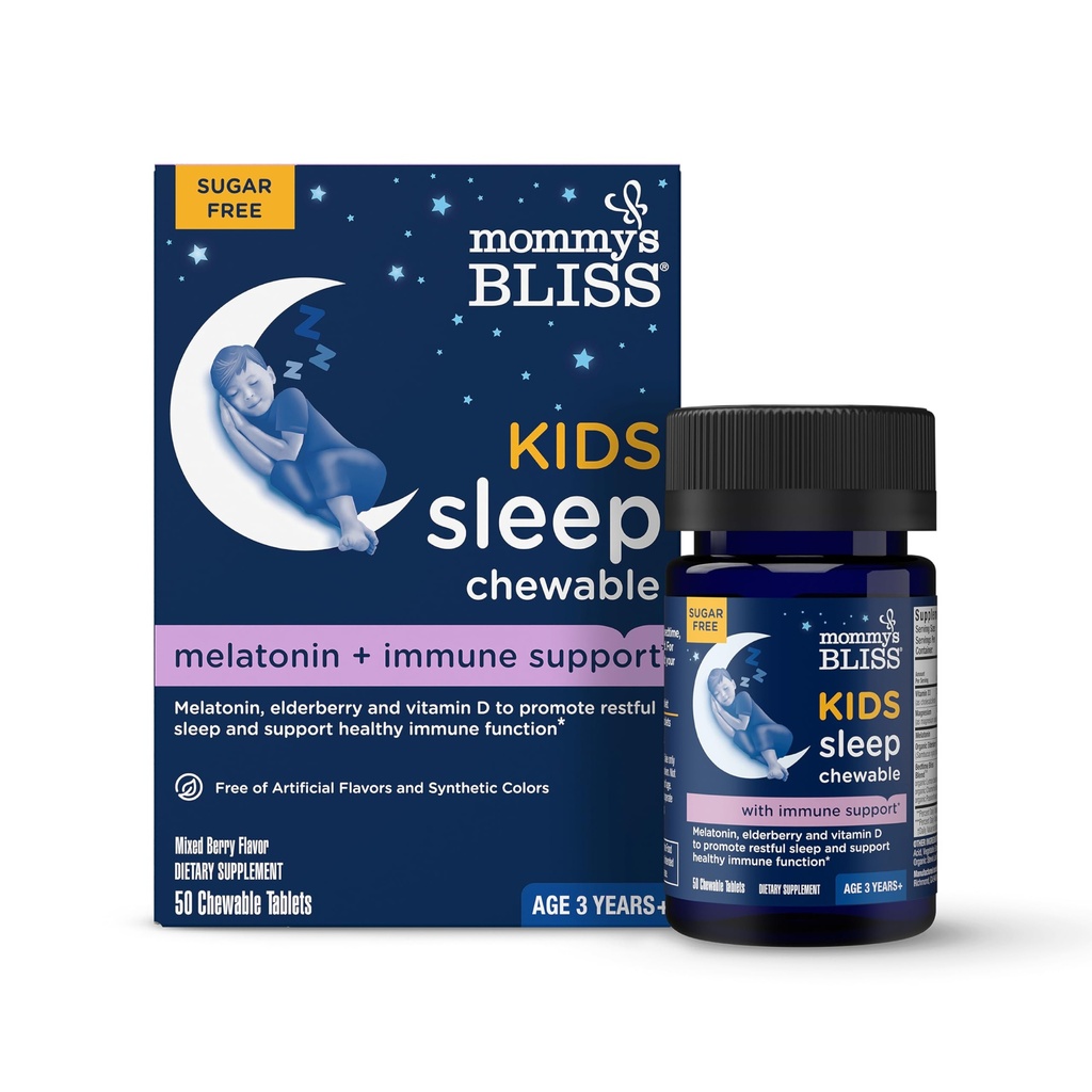Mamuśka Bliss Kids Sleep + Immunitet 1 mg Melatonina Chewable, Zawiera magnezu, Elderberry, i witaminy D, Cukier wolny, 3 Lata +, 1 butelka (50 tabletek)