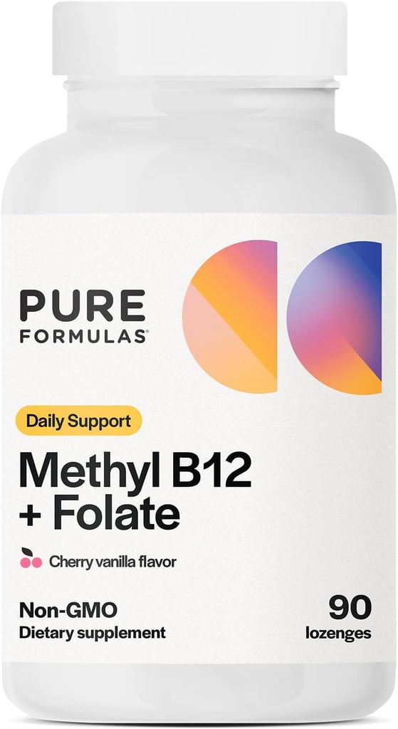 PureFormulas Methyl B12 + Folate Supplement, 1,000 mcg of Methylated B12 Supplement, 665 mcg of Folate, Cherry Vanilla Flavor, Methylated Vitamin B 12 - Non-GMO, 90 Lozenges