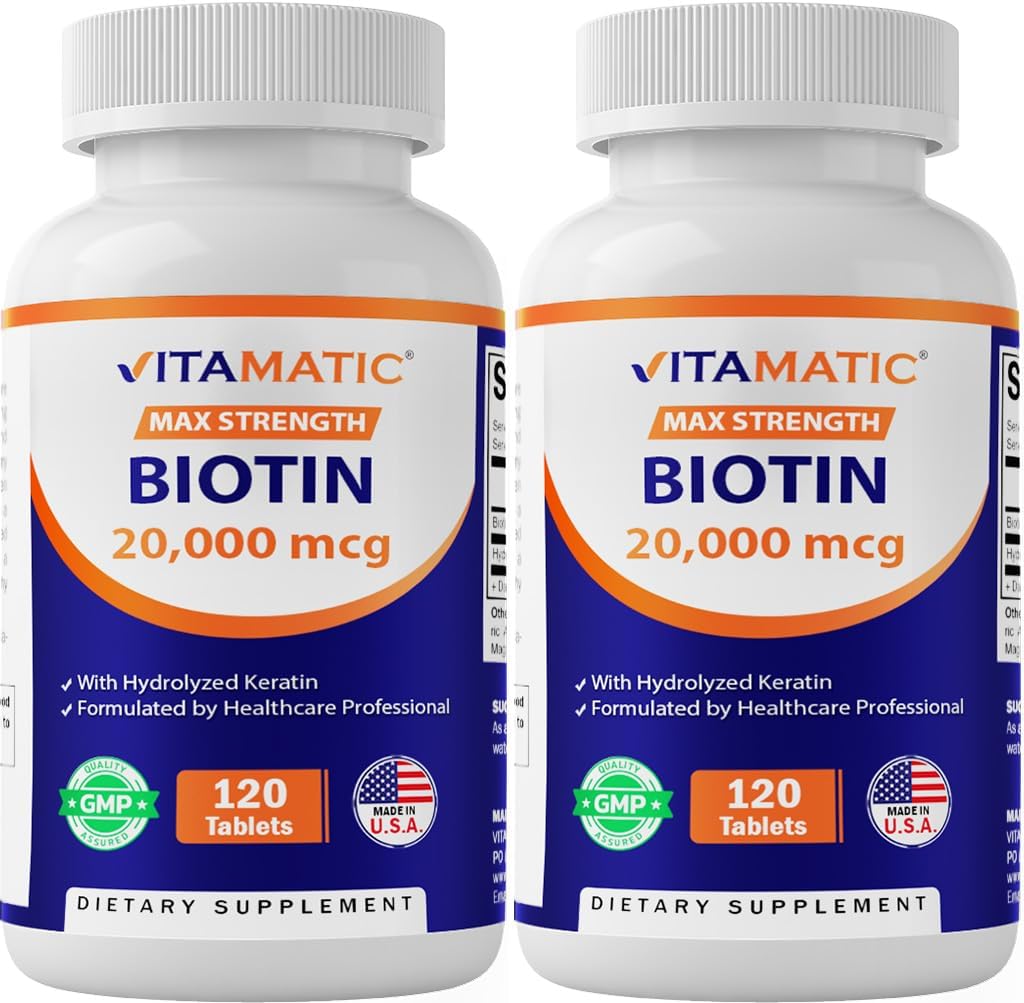 Witamatyczna duża moc Biotin 20000 µg (20 mg) z keratyną 100mg - 120 tabletek wegetariańskich - suplementy biotiny dla zdrowych włosów skóry i paznokci dla dorosłych (120 liczenie (opakowanie po 2))