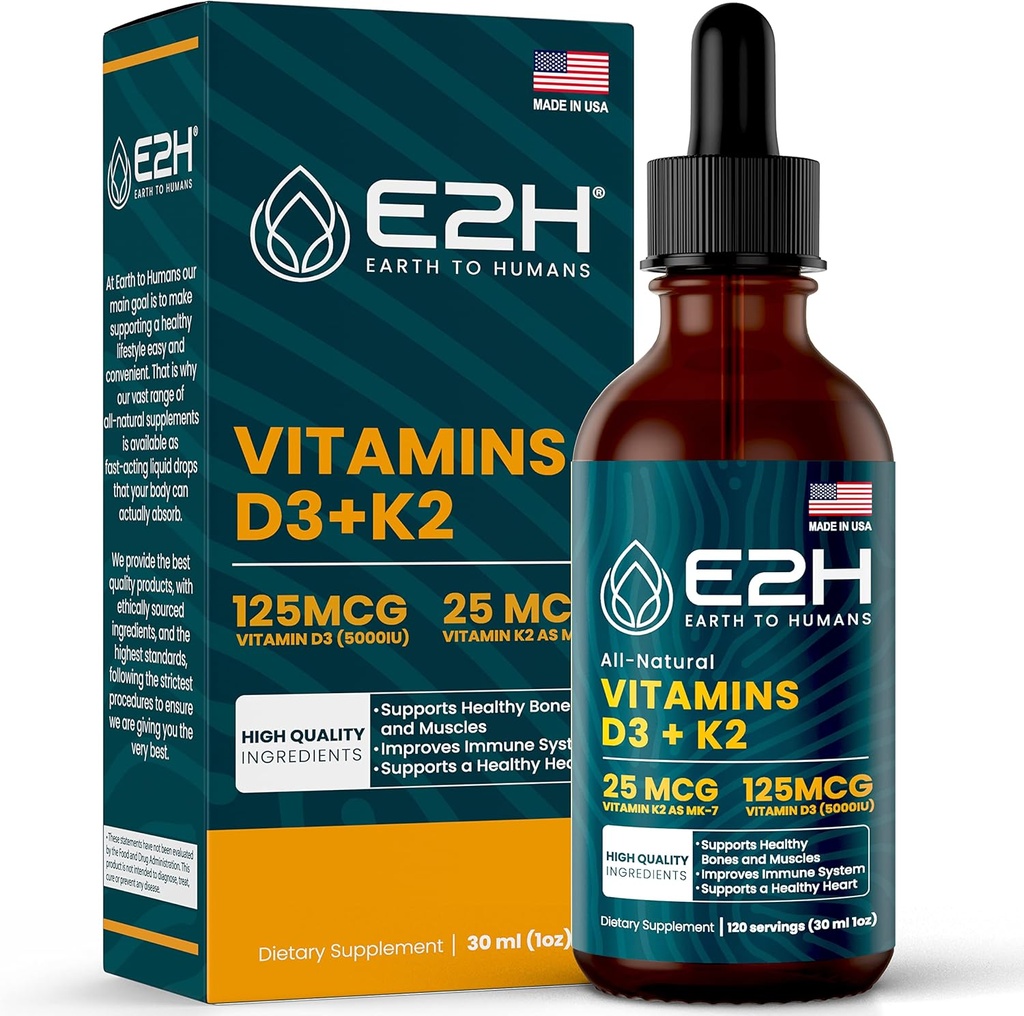 E2H Witaminy D3 & K2 Suplement do wsparcia immunologicznego - Witamina płynna D3 5000 j.m. - Made in USA - Non-GMO, Wegan - 120 Służenie