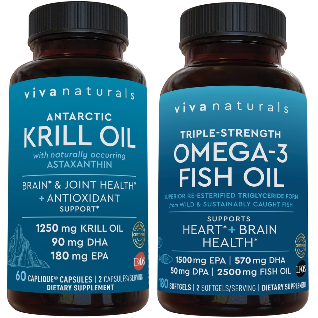 Omega 3 Fish Oil Bundle, 1250 mg Krill Oil & 2,200 mg Fish Oil Per serving providing Omega 3 EPA and DHA