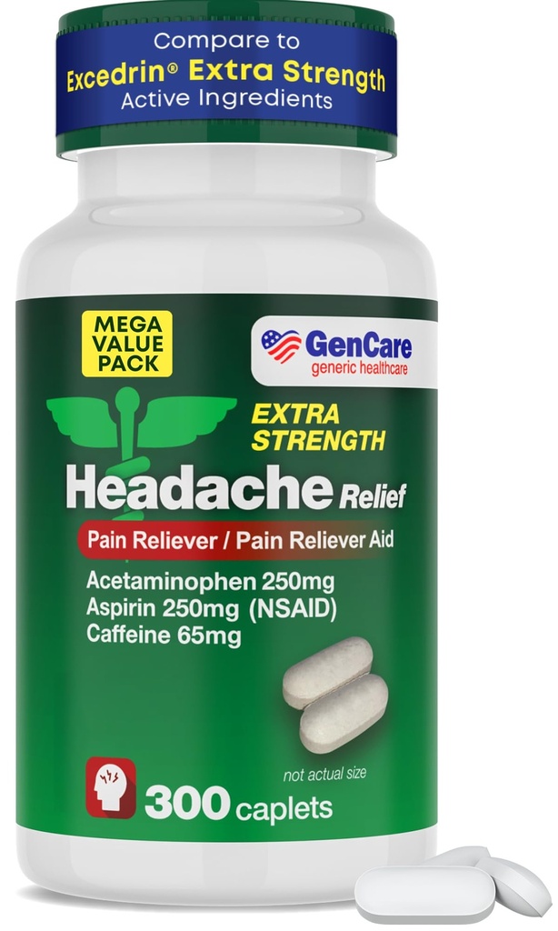 GenCare - Headache Relief Acetaminophen with Aspirin (NSAID) & Caffeine (300 Caplets) Value Pack | Head Pain, Muscle Aches, Back Pain & Body | Generic ExcedrEn Extra Strength
