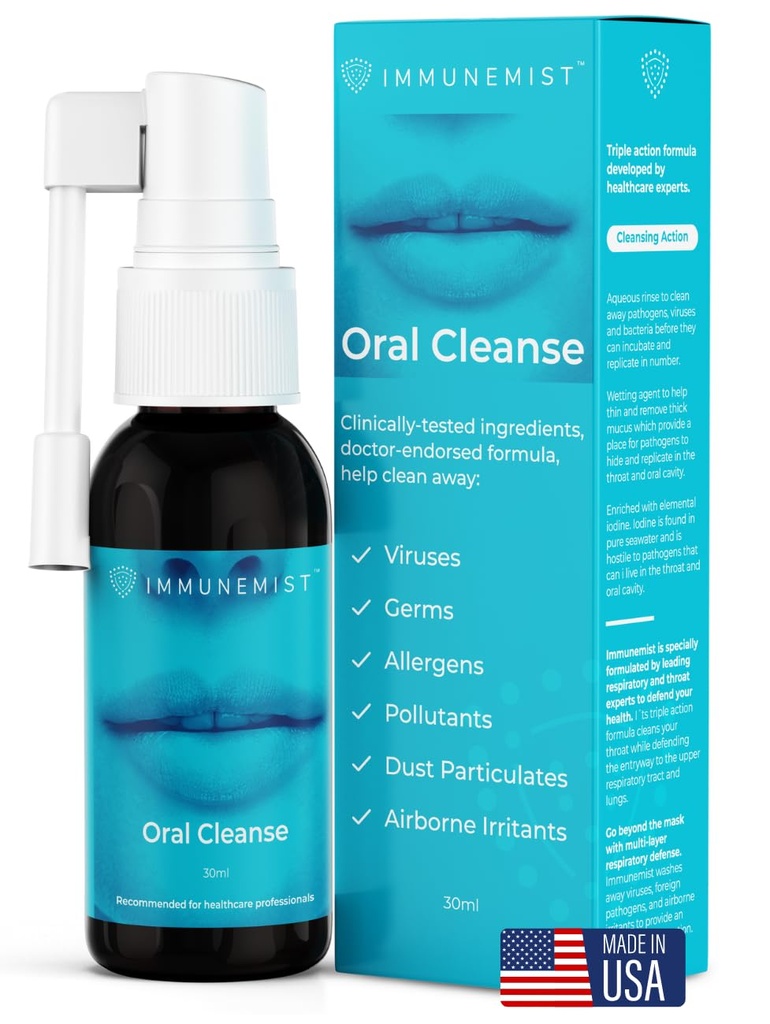 ImmuneMist ™ Oral Cleanse - Jod Throat Spray for Cold & Flu Relief - Oral Sore Throat Spray for Cough, Cleansing Against Bakteria, Zarazki, Wirusy - Wsparcie immunologiczne do 250 Days - Made in USA